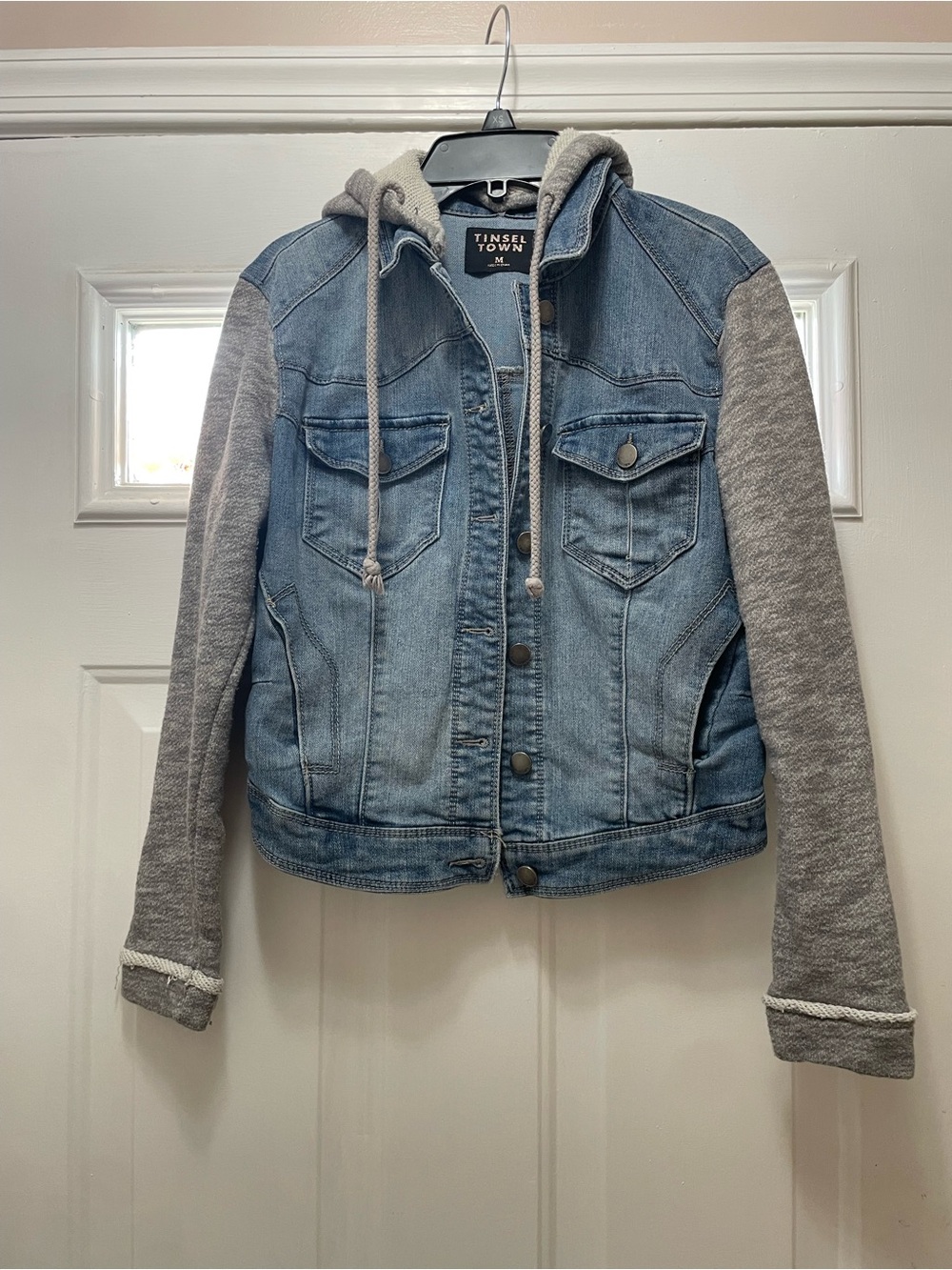 Tinseltown Light Blue Denim Jacket with Gray Knit Sleeves and Hood